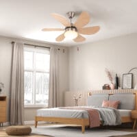 Ein Deckenventilator in Buche-Optik mit 6 Flügeln und integrierter 16W LED-Beleuchtung.
