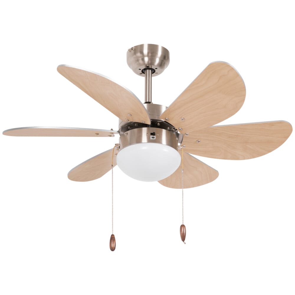 Ein Deckenventilator in Buche-Optik mit 6 Flügeln und integrierter 16W LED-Beleuchtung.