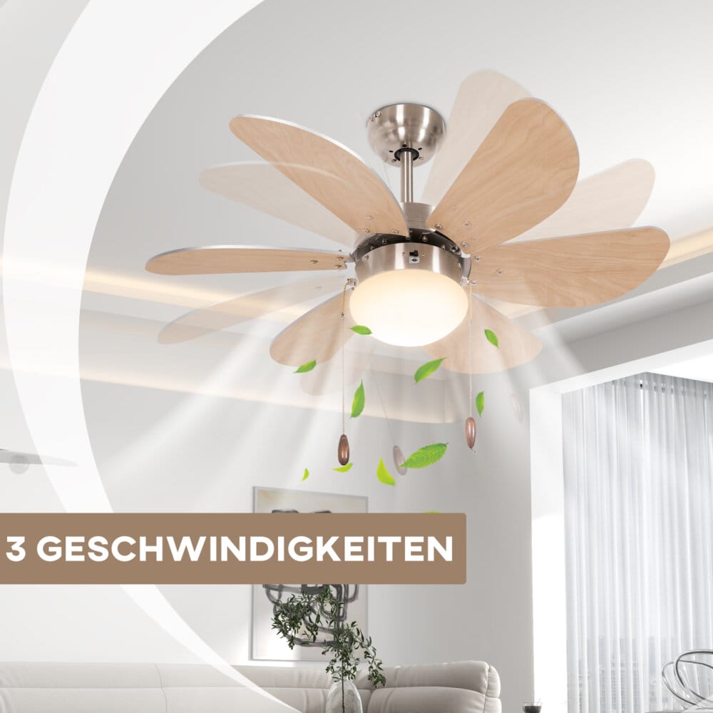 Ein Deckenventilator in Buche-Optik mit 6 Flügeln und integrierter 16W LED-Beleuchtung.