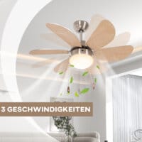 Ein Deckenventilator in Buche-Optik mit 6 Flügeln und integrierter 16W LED-Beleuchtung.