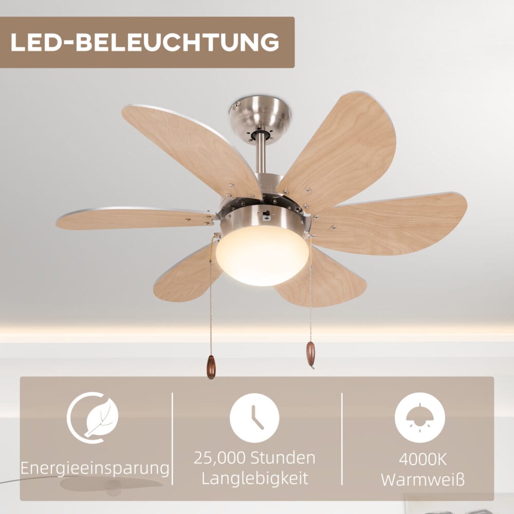 Ein Deckenventilator in Buche-Optik mit 6 Flügeln und integrierter 16W LED-Beleuchtung.