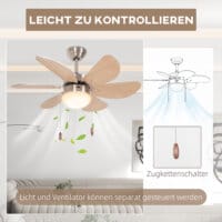 Ein Deckenventilator in Buche-Optik mit 6 Flügeln und integrierter 16W LED-Beleuchtung.