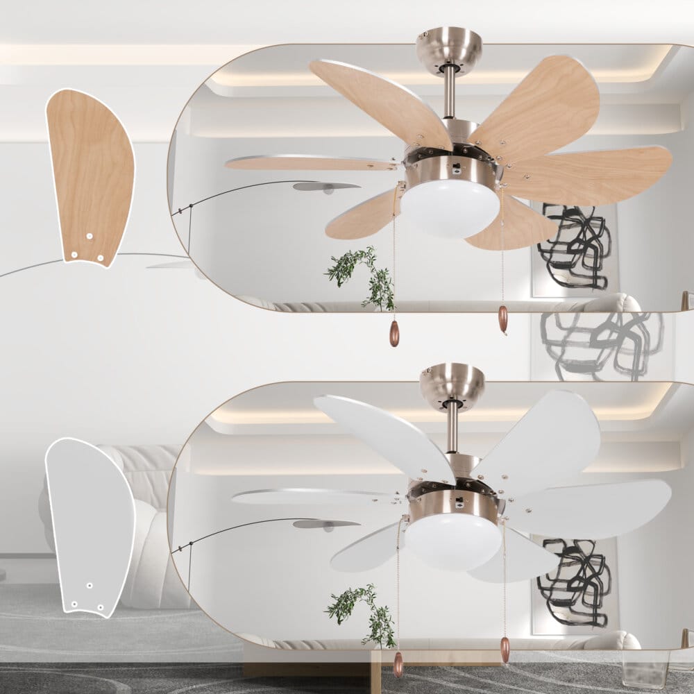 Ein Deckenventilator in Buche-Optik mit 6 Flügeln und integrierter 16W LED-Beleuchtung.
