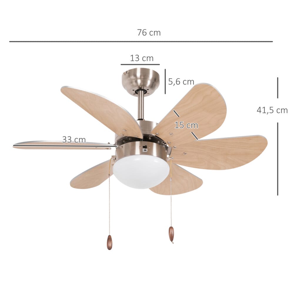 Ein Deckenventilator in Buche-Optik mit 6 Flügeln und integrierter 16W LED-Beleuchtung.
