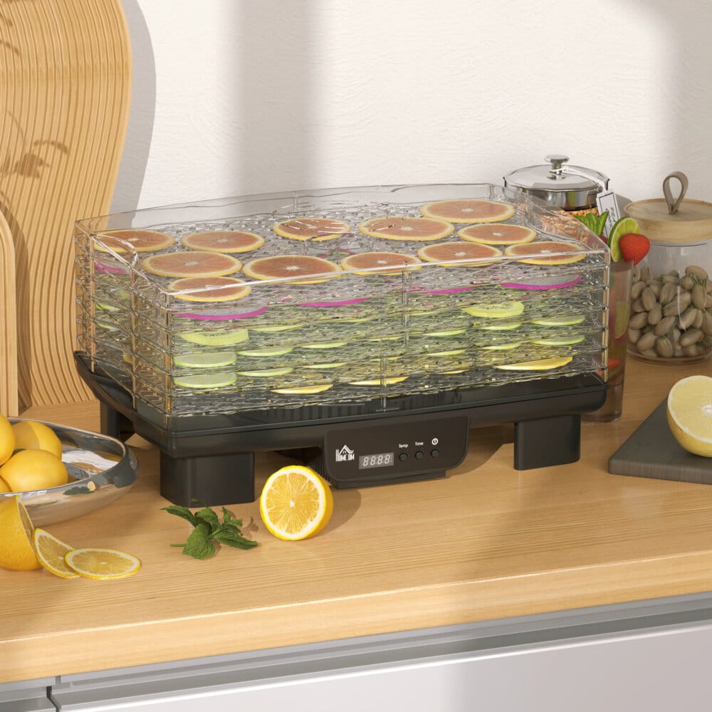 Ein schwarzer Dörrautomat und Dehydrator mit 6 Fächern, 550W Leistung, Temperaturbereich 40-70 Grad Celsius und einem 48-Stunden-Timer für Fleisch, Obst und Gemüse.