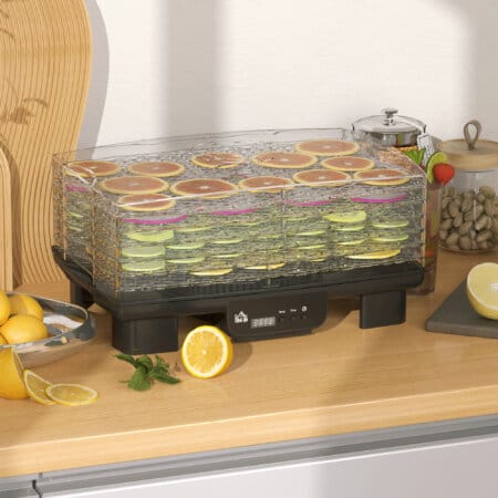 Ein schwarzer Dörrautomat und Dehydrator mit 6 Fächern, 550W Leistung, Temperaturbereich 40-70 Grad Celsius und einem 48-Stunden-Timer für Fleisch, Obst und Gemüse.