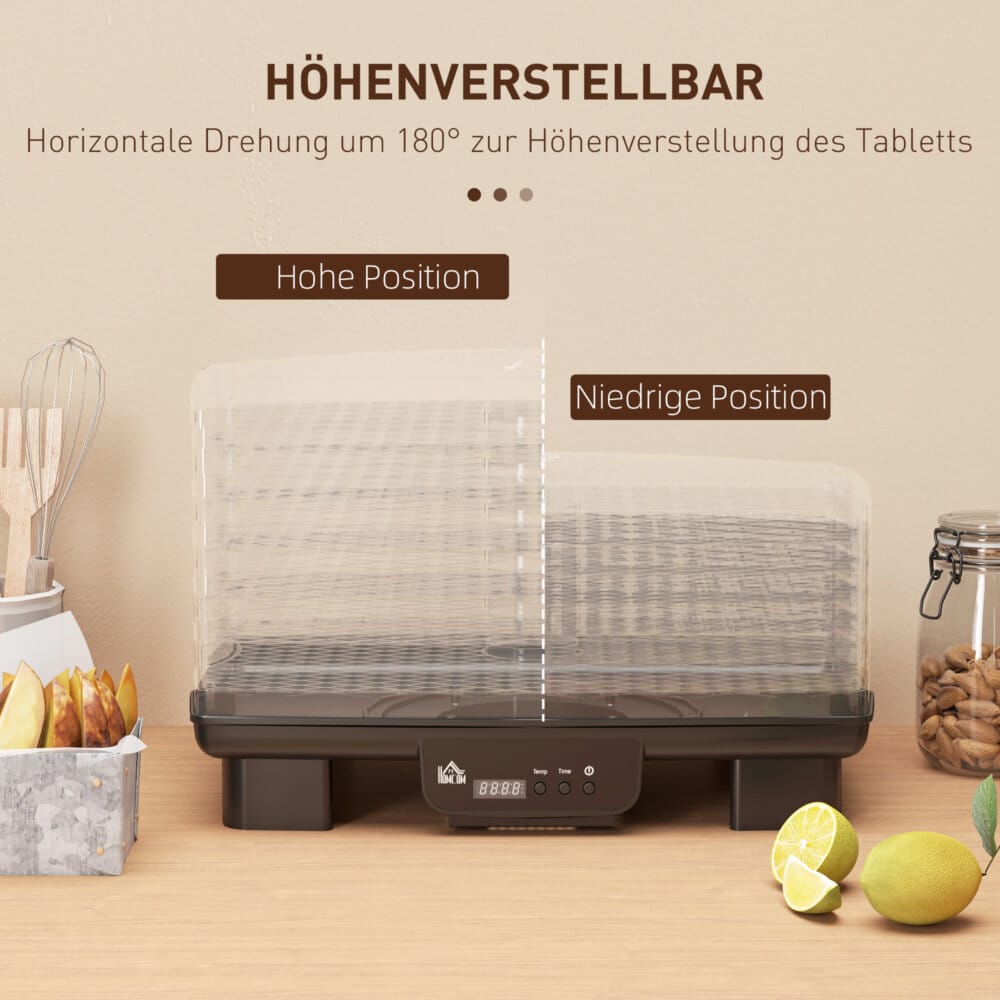 Ein schwarzer Dörrautomat und Dehydrator mit 6 Fächern, 550W Leistung, Temperaturbereich 40-70 Grad Celsius und einem 48-Stunden-Timer für Fleisch, Obst und Gemüse.