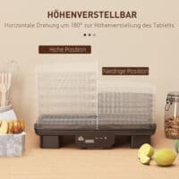 Ein schwarzer Dörrautomat und Dehydrator mit 6 Fächern, 550W Leistung, Temperaturbereich 40-70 Grad Celsius und einem 48-Stunden-Timer für Fleisch, Obst und Gemüse.