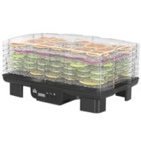 Ein schwarzer Dörrautomat und Dehydrator mit 6 Fächern, 550W Leistung, Temperaturbereich 40-70 Grad Celsius und einem 48-Stunden-Timer für Fleisch, Obst und Gemüse.