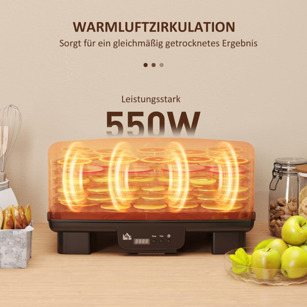 Ein schwarzer Dörrautomat und Dehydrator mit 6 Fächern, 550W Leistung, Temperaturbereich 40-70 Grad Celsius und einem 48-Stunden-Timer für Fleisch, Obst und Gemüse.