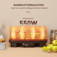 Ein schwarzer Dörrautomat und Dehydrator mit 6 Fächern, 550W Leistung, Temperaturbereich 40-70 Grad Celsius und einem 48-Stunden-Timer für Fleisch, Obst und Gemüse.