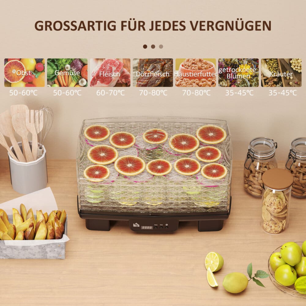 Ein schwarzer Dörrautomat und Dehydrator mit 6 Fächern, 550W Leistung, Temperaturbereich 40-70 Grad Celsius und einem 48-Stunden-Timer für Fleisch, Obst und Gemüse.