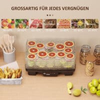 Ein schwarzer Dörrautomat und Dehydrator mit 6 Fächern, 550W Leistung, Temperaturbereich 40-70 Grad Celsius und einem 48-Stunden-Timer für Fleisch, Obst und Gemüse.