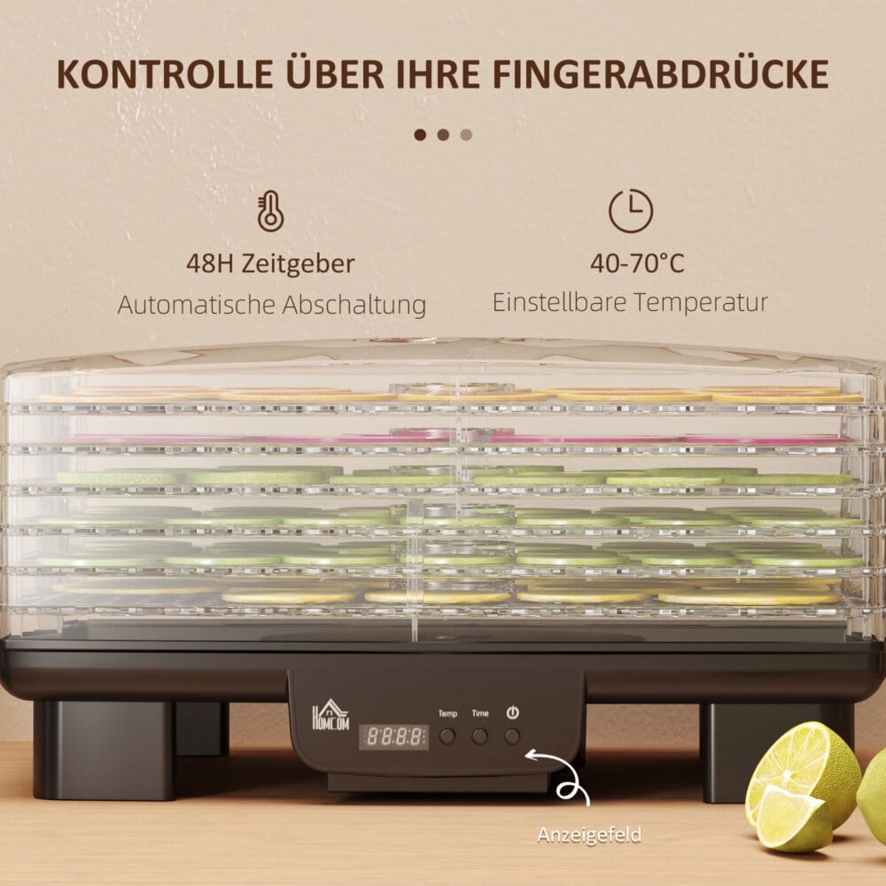 Ein schwarzer Dörrautomat und Dehydrator mit 6 Fächern, 550W Leistung, Temperaturbereich 40-70 Grad Celsius und einem 48-Stunden-Timer für Fleisch, Obst und Gemüse.
