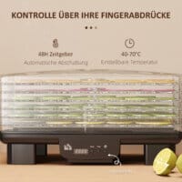 Ein schwarzer Dörrautomat und Dehydrator mit 6 Fächern, 550W Leistung, Temperaturbereich 40-70 Grad Celsius und einem 48-Stunden-Timer für Fleisch, Obst und Gemüse.