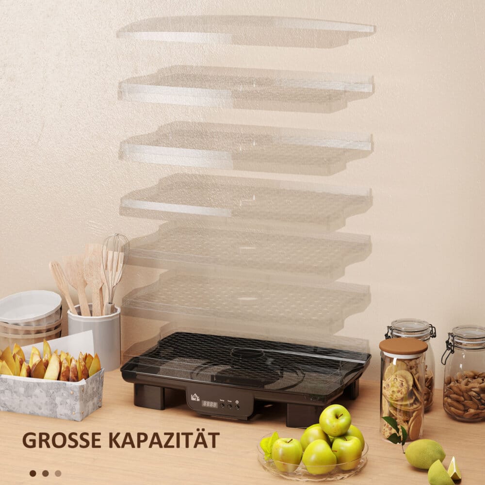 Ein schwarzer Dörrautomat und Dehydrator mit 6 Fächern, 550W Leistung, Temperaturbereich 40-70 Grad Celsius und einem 48-Stunden-Timer für Fleisch, Obst und Gemüse.