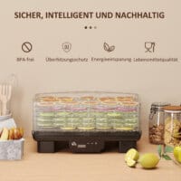 Ein schwarzer Dörrautomat und Dehydrator mit 6 Fächern, 550W Leistung, Temperaturbereich 40-70 Grad Celsius und einem 48-Stunden-Timer für Fleisch, Obst und Gemüse.