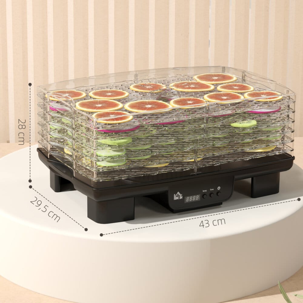 Ein schwarzer Dörrautomat und Dehydrator mit 6 Fächern, 550W Leistung, Temperaturbereich 40-70 Grad Celsius und einem 48-Stunden-Timer für Fleisch, Obst und Gemüse.