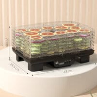 Ein schwarzer Dörrautomat und Dehydrator mit 6 Fächern, 550W Leistung, Temperaturbereich 40-70 Grad Celsius und einem 48-Stunden-Timer für Fleisch, Obst und Gemüse.