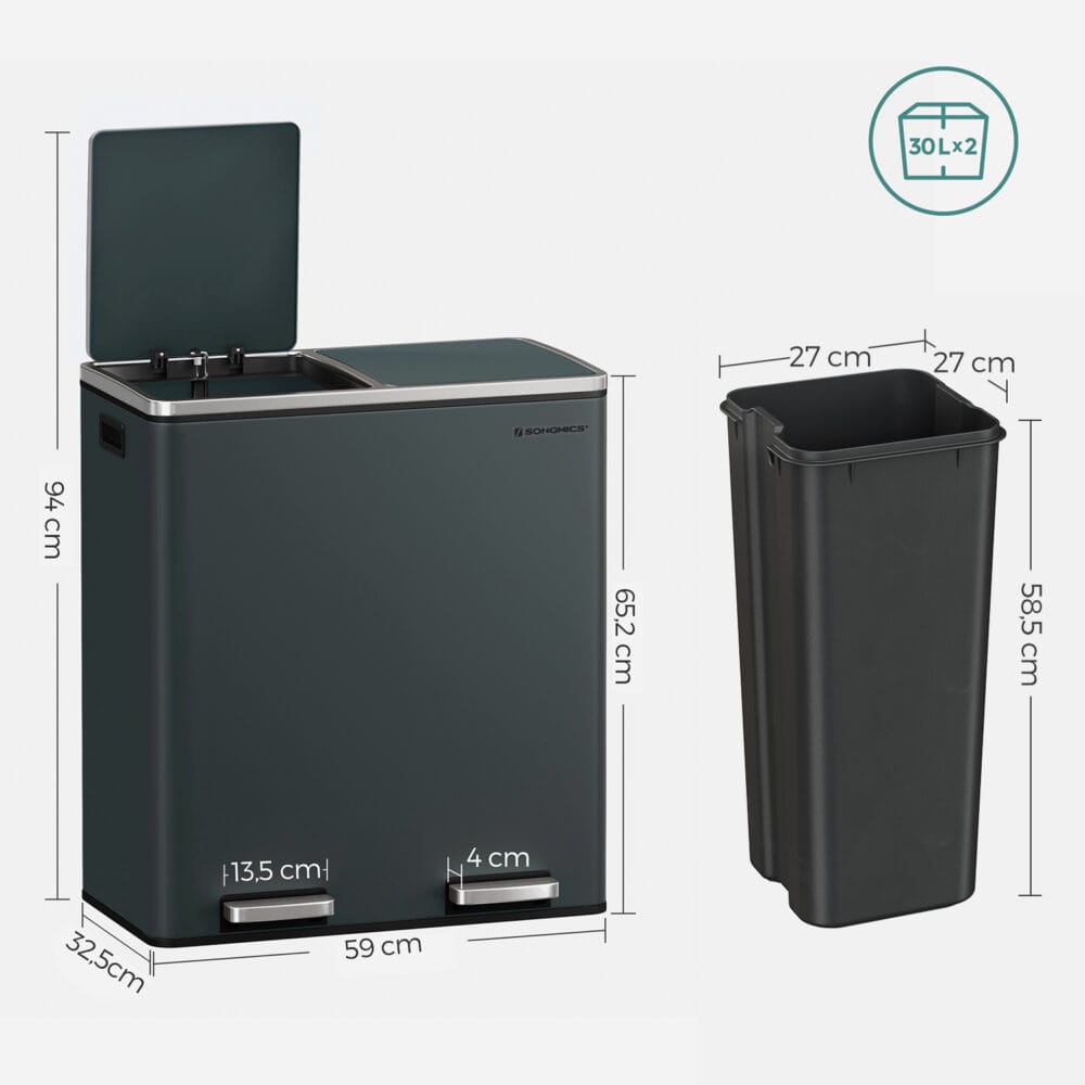 Doppel-Mülleimer Abfalleimer Absenkautomatik 60L Rauchgrau