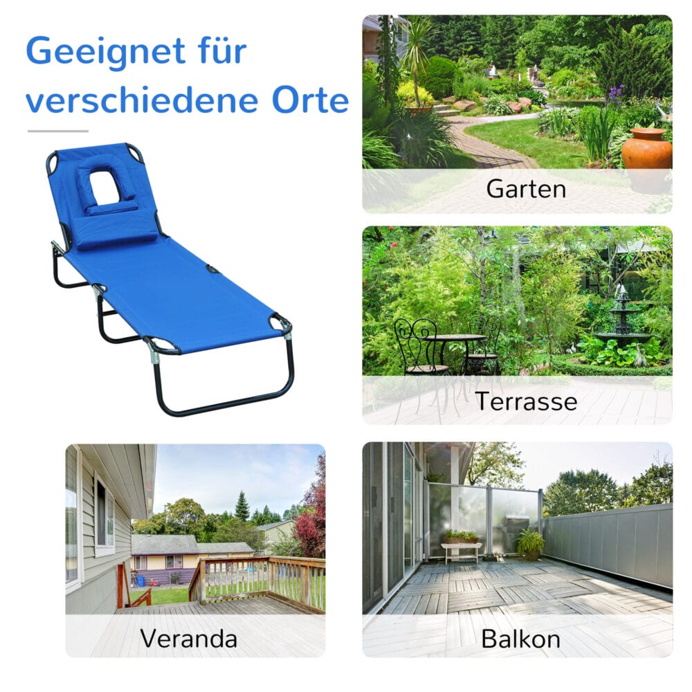 Blauer Dreibein-Liegestuhl mit praktischem Lesefenster.