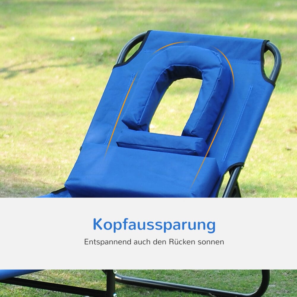 Blauer Dreibein-Liegestuhl mit praktischem Lesefenster.
