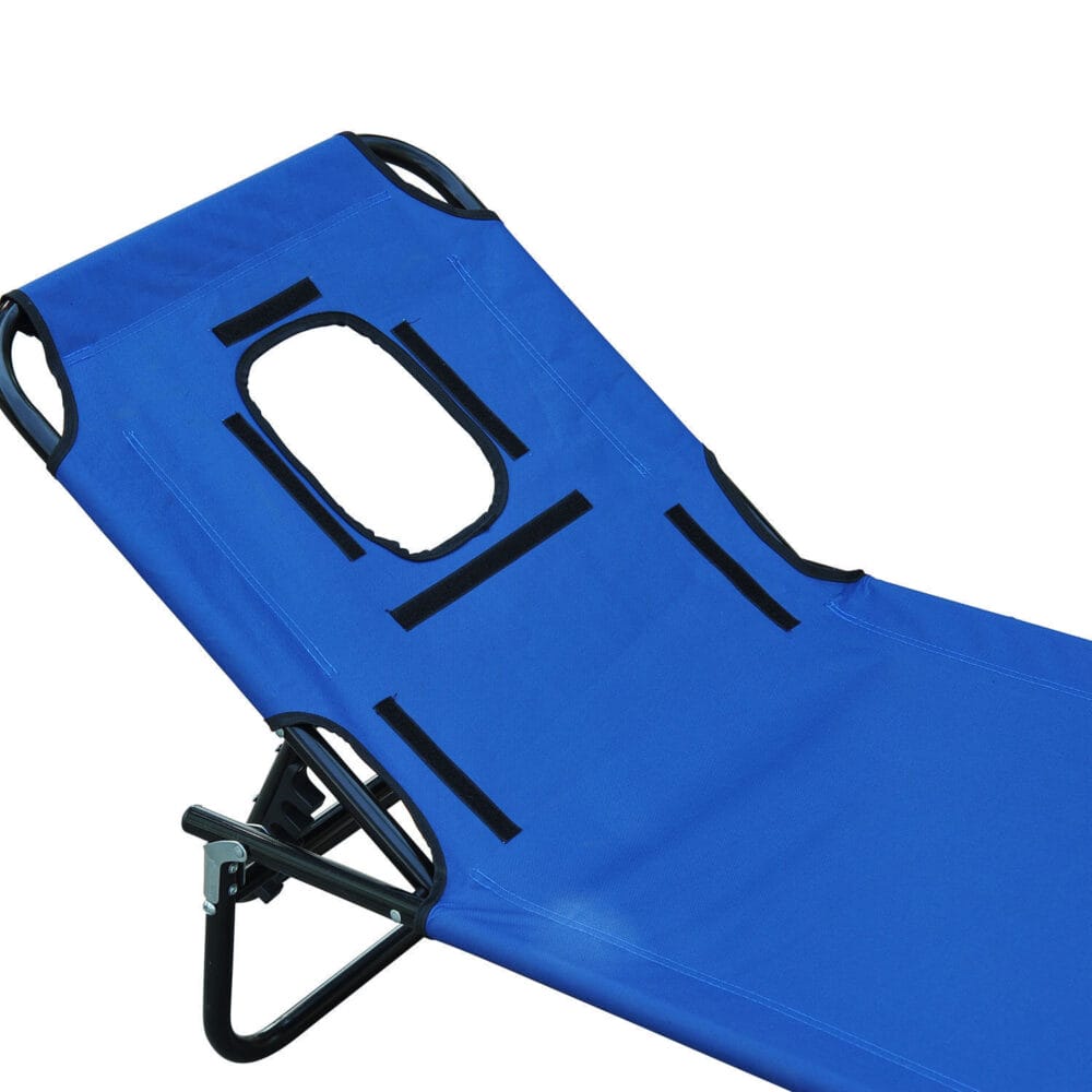 Blauer Dreibein-Liegestuhl mit praktischem Lesefenster.