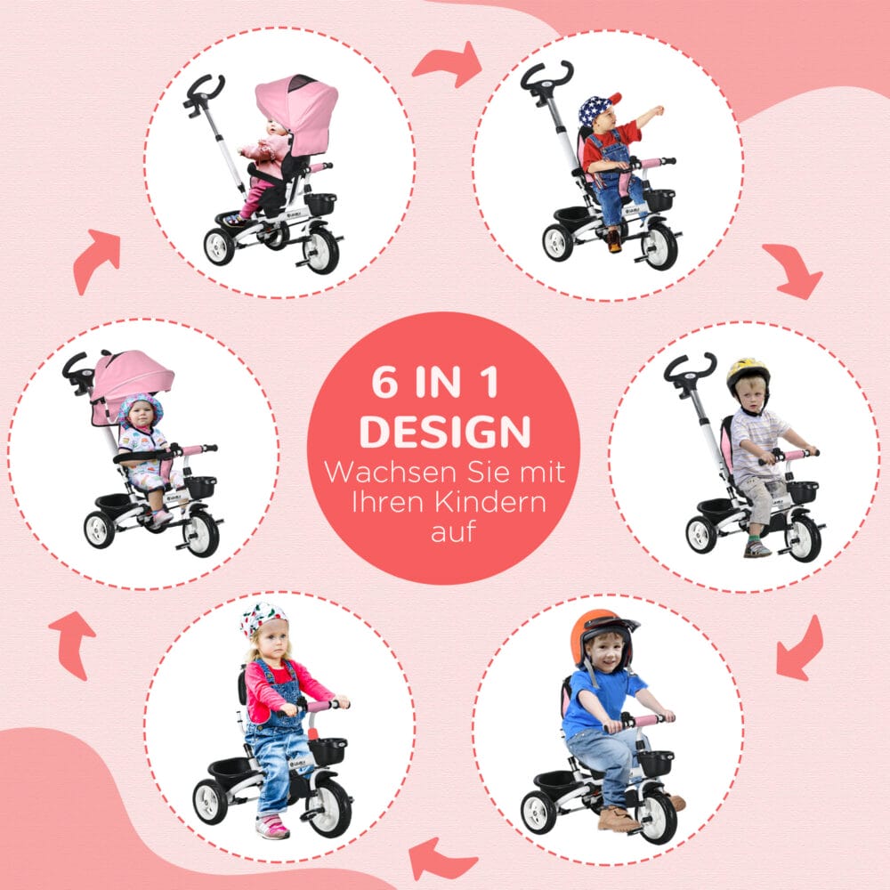 Rosa 2-in-1 faltbares Dreirad mit Sonnendach, ideal für Kinder von 1-5 Jahren. Es ist kompakt verstaubar und perfekt für unterwegs.