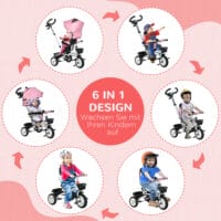 Rosa 2-in-1 faltbares Dreirad mit Sonnendach, ideal für Kinder von 1-5 Jahren. Es ist kompakt verstaubar und perfekt für unterwegs.