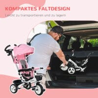 Rosa 2-in-1 faltbares Dreirad mit Sonnendach, ideal für Kinder von 1-5 Jahren. Es ist kompakt verstaubar und perfekt für unterwegs.