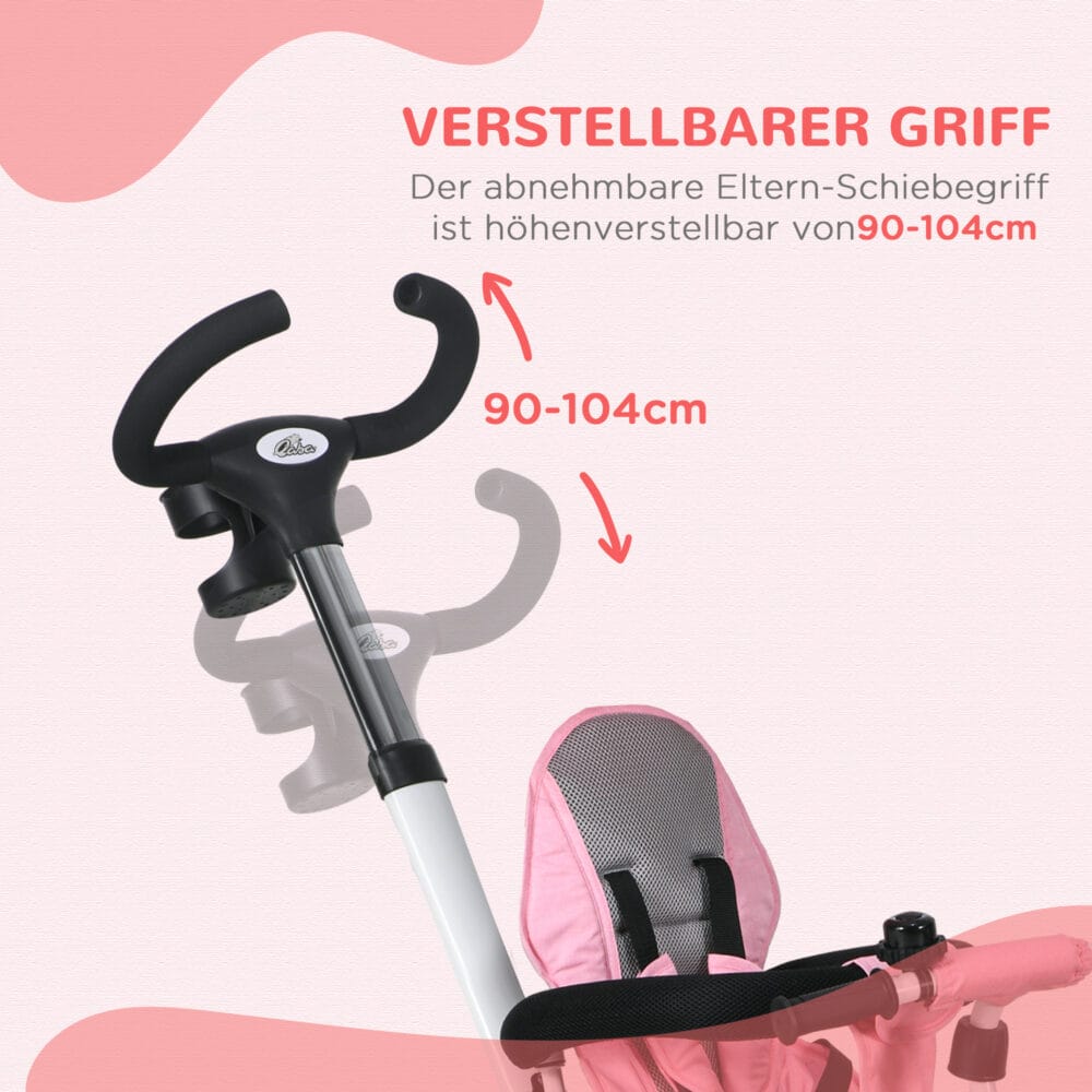 Rosa 2-in-1 faltbares Dreirad mit Sonnendach, ideal für Kinder von 1-5 Jahren. Es ist kompakt verstaubar und perfekt für unterwegs.