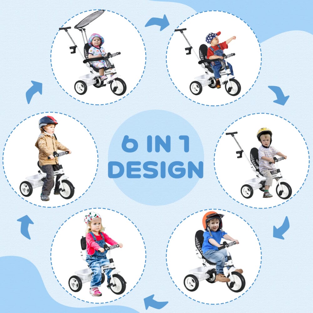 Weisses 6-in-1 Dreirad als Kinderfahrzeug mit Sonnendach und Korb. Es wächst mit dem Kind von 1-5 Jahren mit und bietet vielseitige Nutzungsmöglichkeiten.