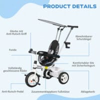 Weisses 6-in-1 Dreirad als Kinderfahrzeug mit Sonnendach und Korb. Es wächst mit dem Kind von 1-5 Jahren mit und bietet vielseitige Nutzungsmöglichkeiten.