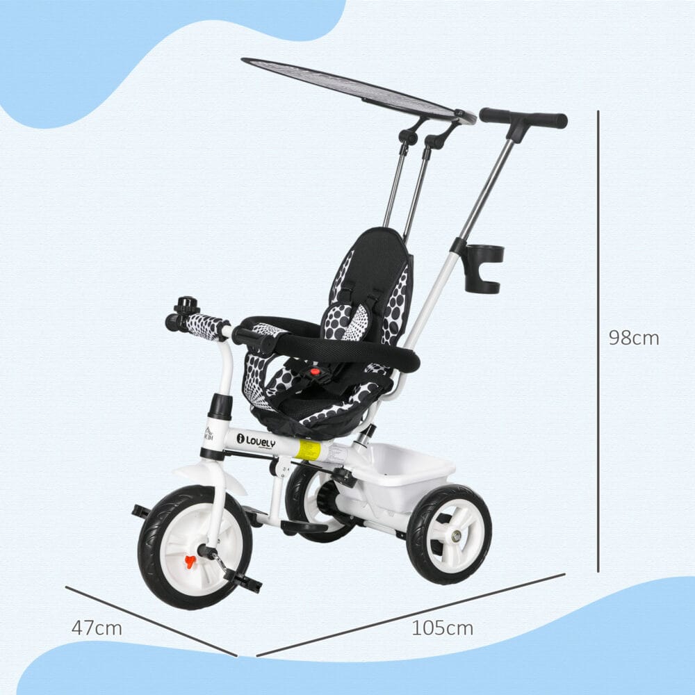 Weisses 6-in-1 Dreirad als Kinderfahrzeug mit Sonnendach und Korb. Es wächst mit dem Kind von 1-5 Jahren mit und bietet vielseitige Nutzungsmöglichkeiten.