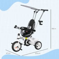 Weisses 6-in-1 Dreirad als Kinderfahrzeug mit Sonnendach und Korb. Es wächst mit dem Kind von 1-5 Jahren mit und bietet vielseitige Nutzungsmöglichkeiten.