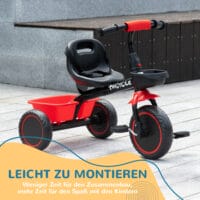 Rotes, höhenverstellbares Dreirad für Kinder von 2-5 Jahren, mit Beckengurt und Korb für zusätzliche Sicherheit und Komfort.