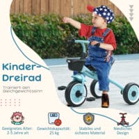 Blaues, stabiles Dreirad für Kinder von 2-5 Jahren, ausgestattet mit einem Korb und einer Klingel für kleine Abenteurer.