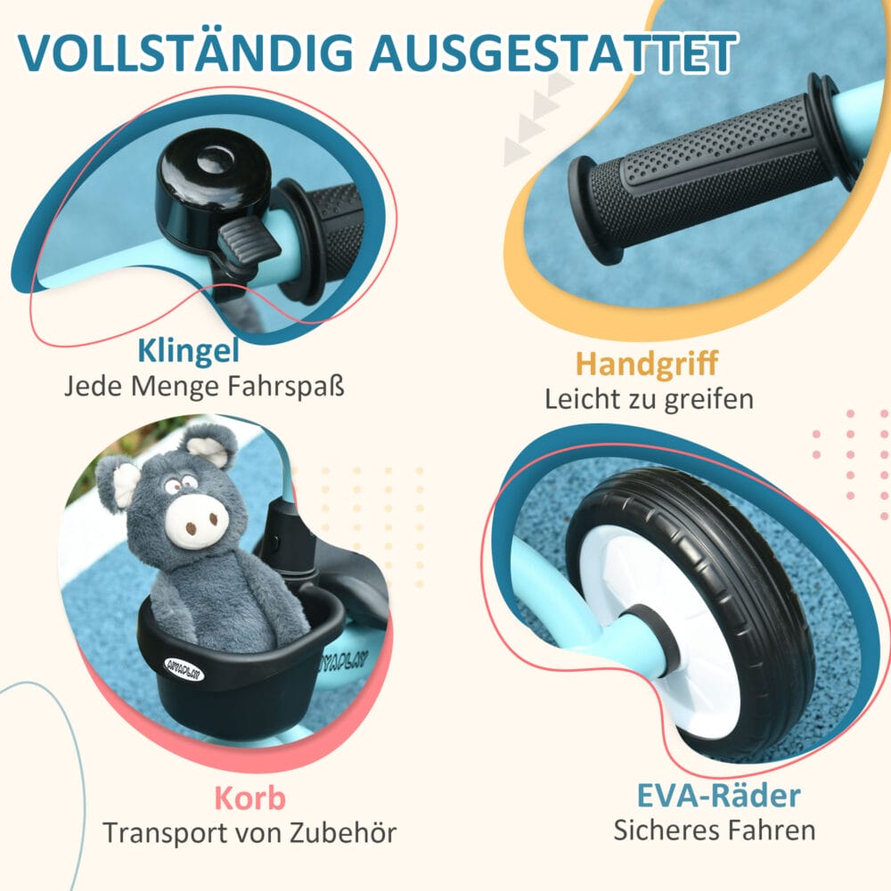 Blaues, stabiles Dreirad für Kinder von 2-5 Jahren, ausgestattet mit einem Korb und einer Klingel für kleine Abenteurer.
