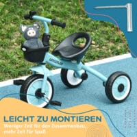 Blaues, stabiles Dreirad für Kinder von 2-5 Jahren, ausgestattet mit einem Korb und einer Klingel für kleine Abenteurer.