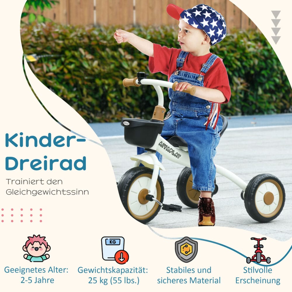 Weisses, verstellbares Dreirad für Kinder von 2-5 Jahren, mit praktischem Fahrradkorb. Ein vielseitiges Kinderfahrzeug für die ersten Fahrten.