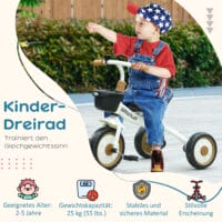 Weisses, verstellbares Dreirad für Kinder von 2-5 Jahren, mit praktischem Fahrradkorb. Ein vielseitiges Kinderfahrzeug für die ersten Fahrten.