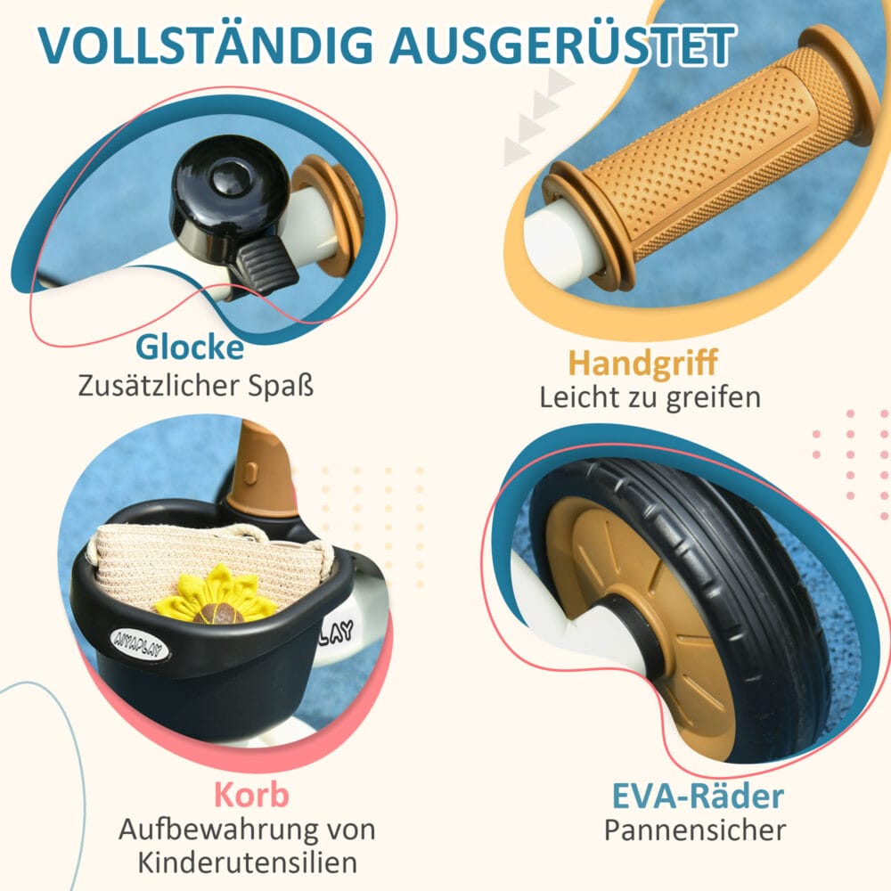 Weisses, verstellbares Dreirad für Kinder von 2-5 Jahren, mit praktischem Fahrradkorb. Ein vielseitiges Kinderfahrzeug für die ersten Fahrten.