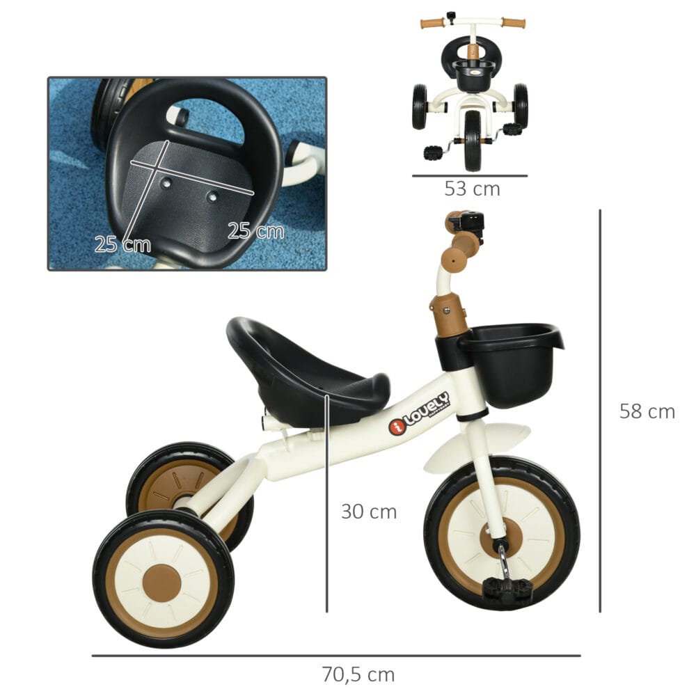 Weisses, verstellbares Dreirad für Kinder von 2-5 Jahren, mit praktischem Fahrradkorb. Ein vielseitiges Kinderfahrzeug für die ersten Fahrten.