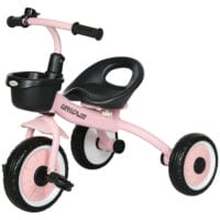 Rosa Dreirad als Kinderfahrzeug mit verstellbarem Sitz, Fahrradkorb und Klingel. Es wächst mit dem Kind mit und ist perfekt für Ausflüge.