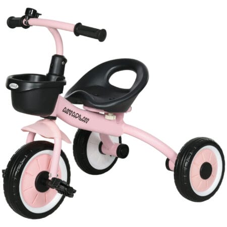 Rosa Dreirad als Kinderfahrzeug mit verstellbarem Sitz, Fahrradkorb und Klingel. Es wächst mit dem Kind mit und ist perfekt für Ausflüge.