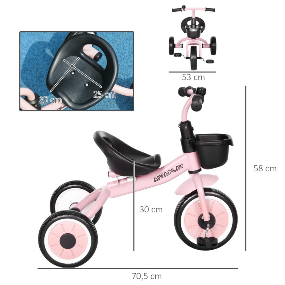 Rosa Dreirad als Kinderfahrzeug mit verstellbarem Sitz, Fahrradkorb und Klingel. Es wächst mit dem Kind mit und ist perfekt für Ausflüge.