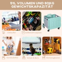 Grüner, klappbarer Einkaufstrolley mit Teleskop-Griff, bis 80 kg belastbar