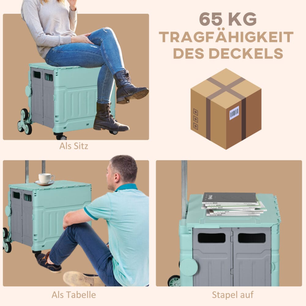 Grüner, klappbarer Einkaufstrolley mit Teleskop-Griff, bis 80 kg belastbar