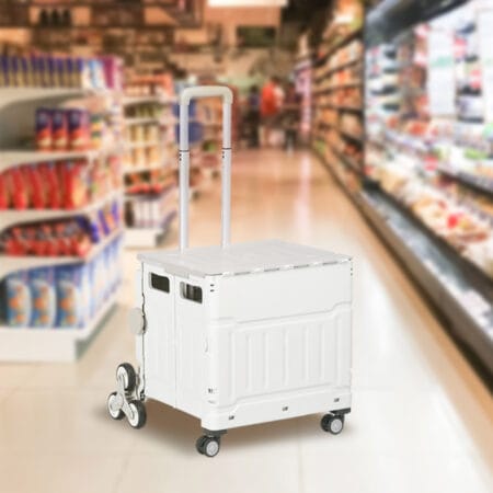 Weisser, klappbarer Einkaufstrolley mit Teleskopgriff, bis 80 kg Belastbarkeit