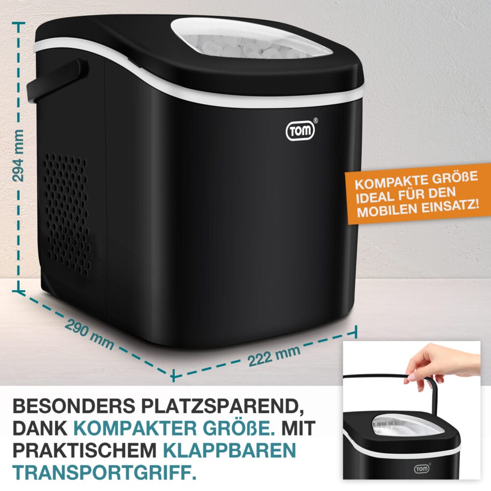 Tragbare und kompakte Eiswürfelmaschine (12kg/Tag) mit LED-Anzeige.